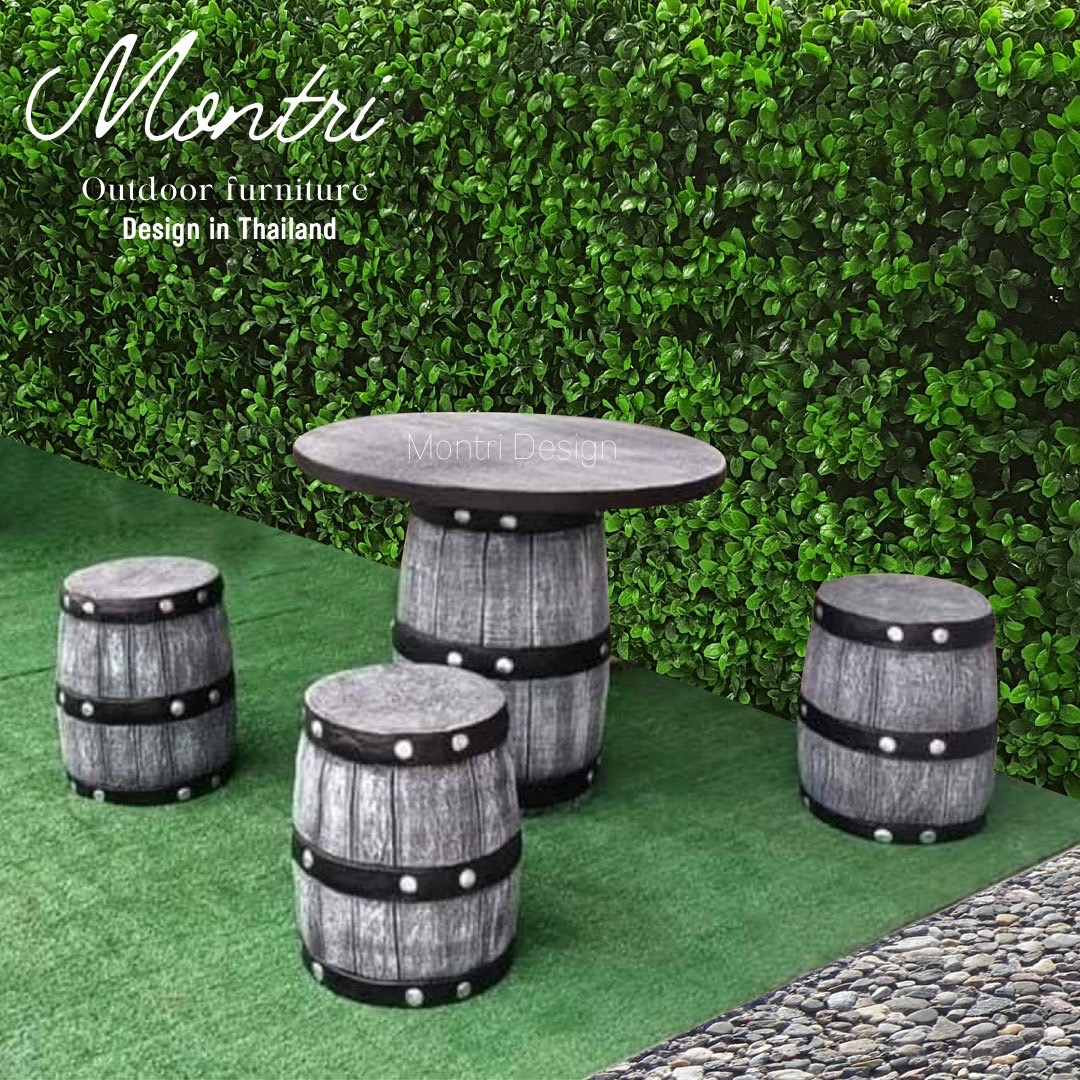 โต๊ะถังเบียร์ ชุดโต๊ะสนาม โต๊ะสนามปูนลายไม้ งาน DIY เฟอร์นิเจอร์สนามกลางแจ้ง ชุด 4 ที่นั่ง