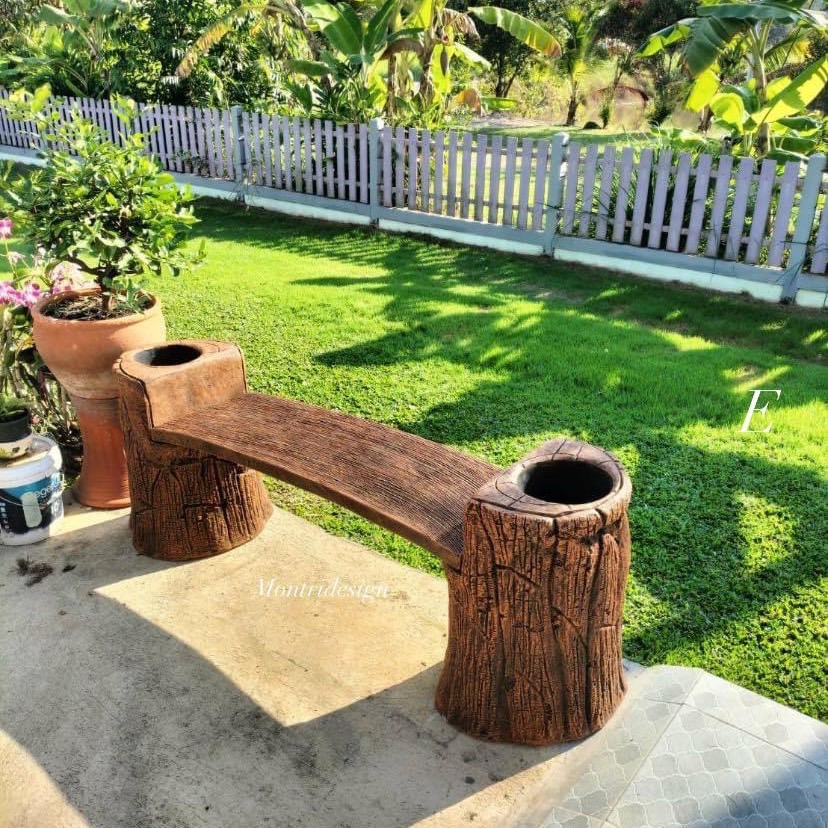 ม้านั่งสนามปูนปั้น เก้าอี้สนามปูนลายไม้ 2 in 1 ทรงโค้ง ม้านั่งปูนลายไม้ เก้าอี้แต่งสวน ม้านั่งแต่งสวน