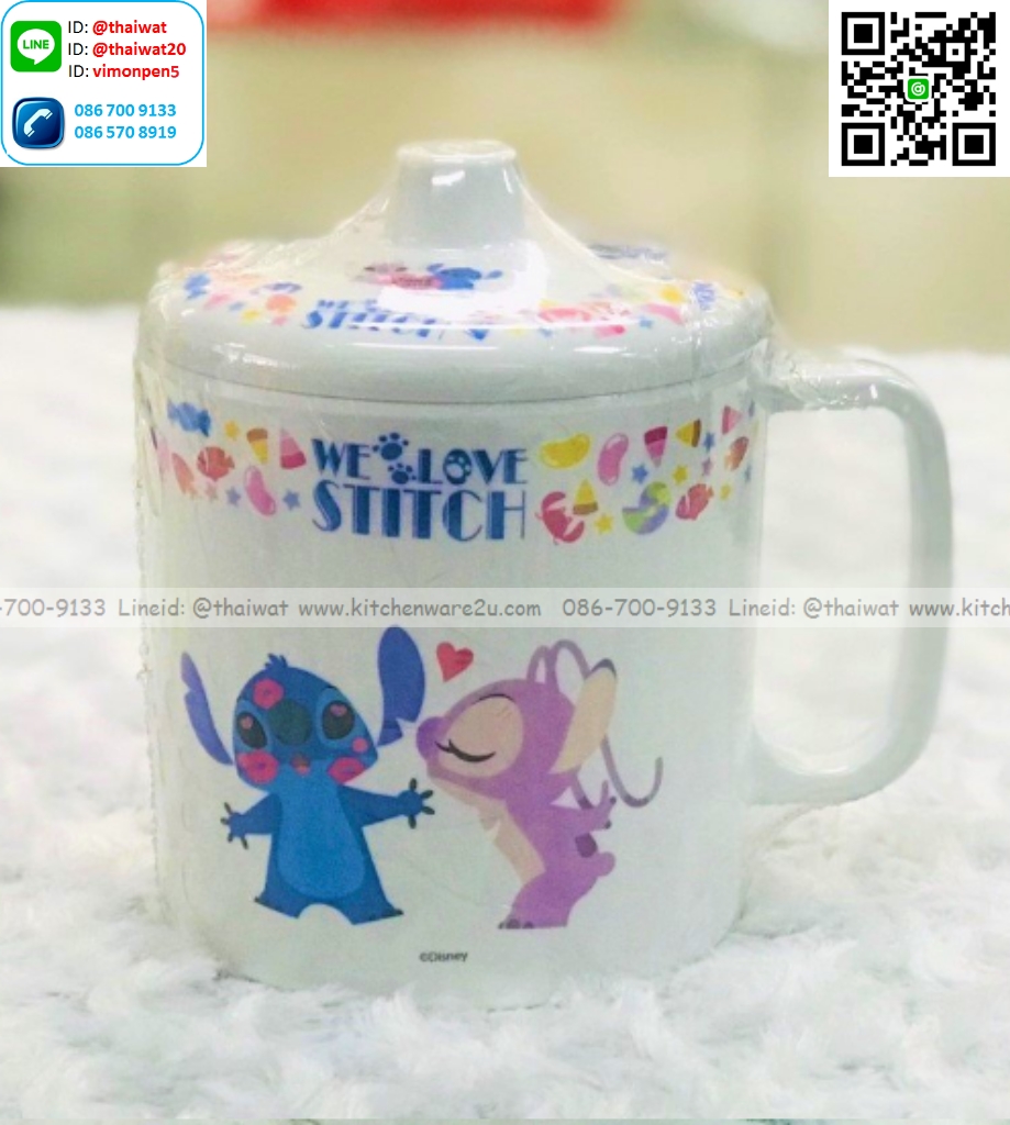 P09083 ถ้วยหูพร้อมฝา 4นิ้วใส่กล่อง ลาย Stitch เมลามีนและลิขสิทธิ์แท้ Flowerware เครือซูปเปอร์แวร์ No.CL2639-4 (ราคาขายส่งต่อ 12 ชุด: เฉลี่ย 180 บต่อชุด)