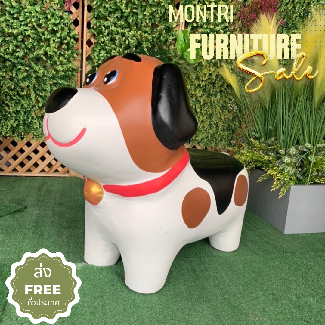 เก้าอี้ปูนรูปน้องหมา เก้าอี้รูปสุนัข ม้านั่งสนามในสวน ม้านั่งน้องหมา (ปลอกคอสีชมพูโอลด์โรส)