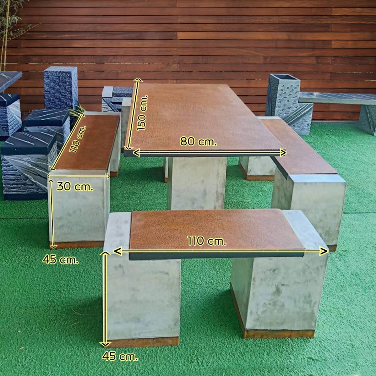 โต๊ะสนามกลางแจ้ง ชุดโต๊ะสนาม โต๊ะสนาม ชุด 8 ที่นั่ง แผ่นเสริมเหล็กสีดิน ขาปูนเปลือย สุดคลาสสิค