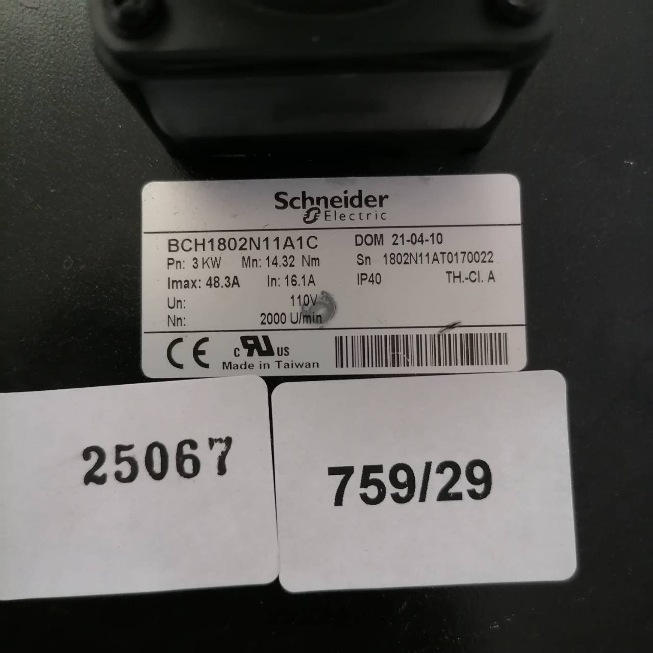 SERVO MOTOR " SCHNEIDER " MODEL : BCH1802N11A1C