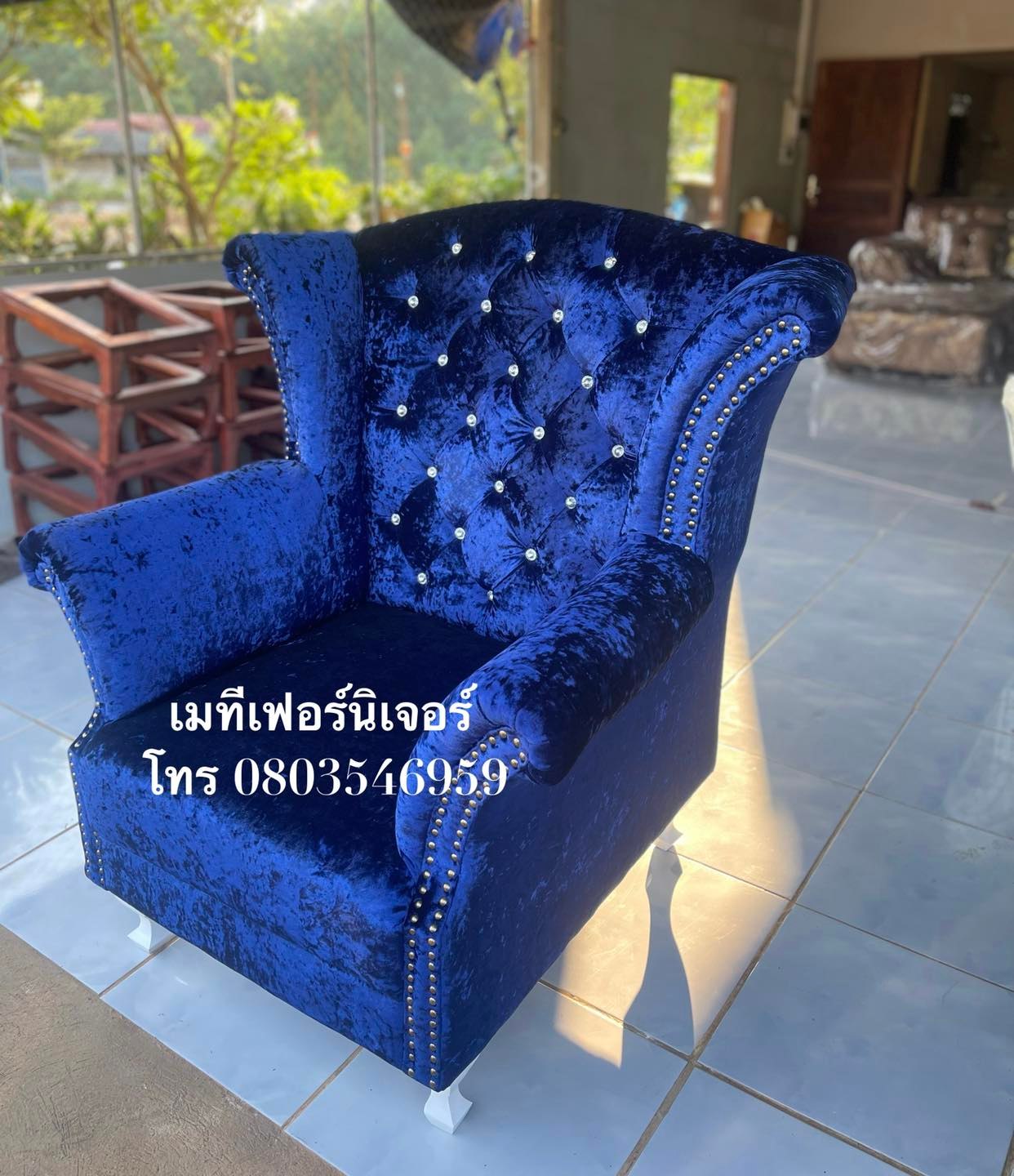 โซฟาเจ้าหญิงแบบ 1 ที่นั่ง สไตล์วินเทจ ผ้ากำมะหยี่สีน้ำเงินเข้ม