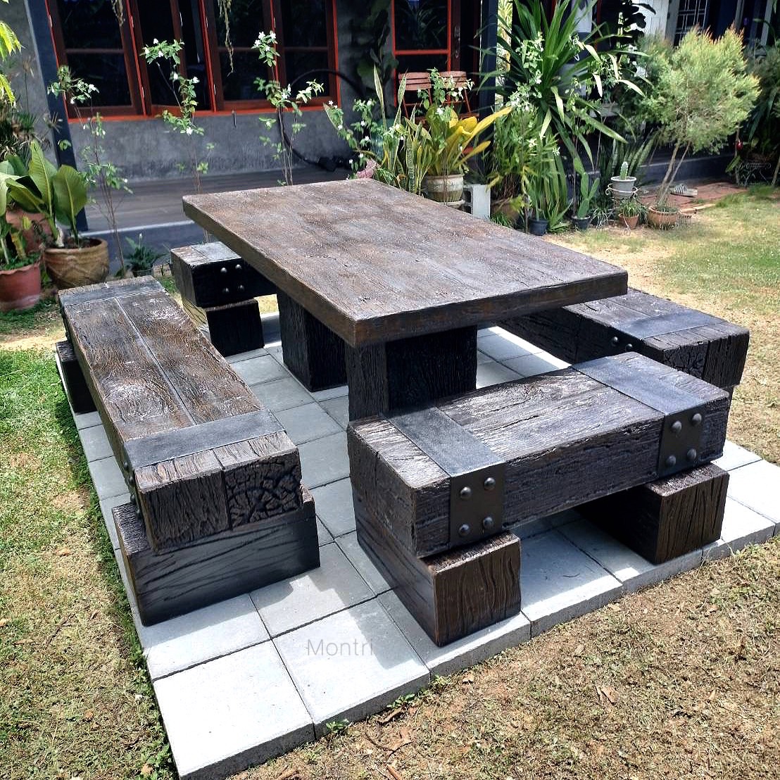 ชุดโต๊ะไม้หมอน โต๊ะสนาม ชุดโต๊ะสนามปูนลายไม้ DIY ฝีมือคนไทย ขนาด 180*90 cm.งานแข็งแรงทนทานไม่เปราะบางอย่างแน่นอน