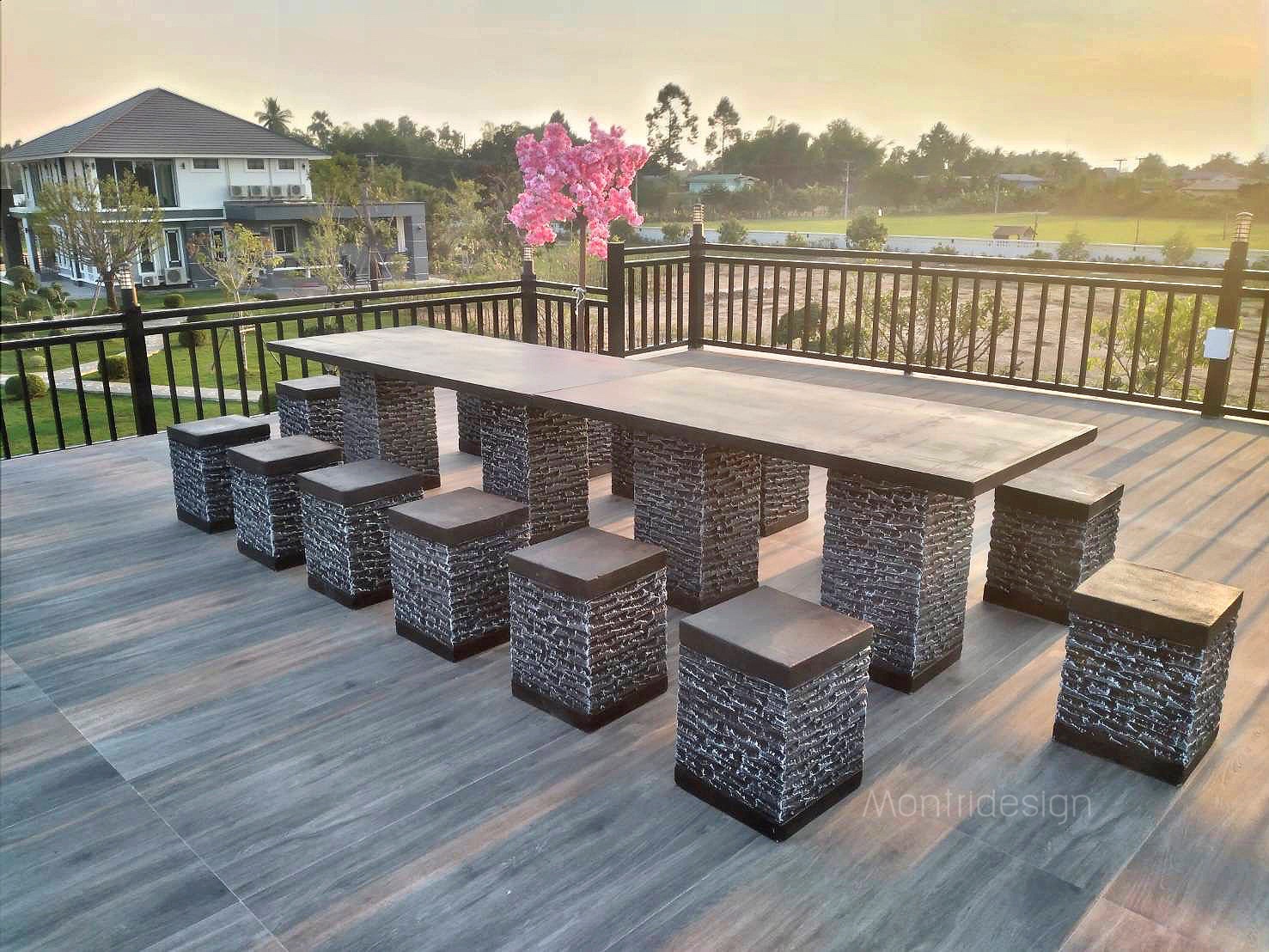 ชุดโต๊ะสนาม โต๊ะปูนสนาม โต๊ะโมเดิร์น โต๊ะปูนสนามโมเดิร์น ชุด 14 ที่นั่ง โต๊ะยาว 3 เมตร กว้าง 80 cm.