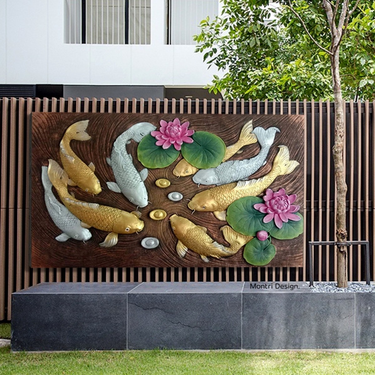 ภาพติดผนังปลาคราฟมงคล ภาพติดผนังหินทรายรูปปลาคราฟ ภาพปลาคราฟเสริมฮวงจุ้ย ขนาดภาพ กว้าง 50 สูง 100 cm.