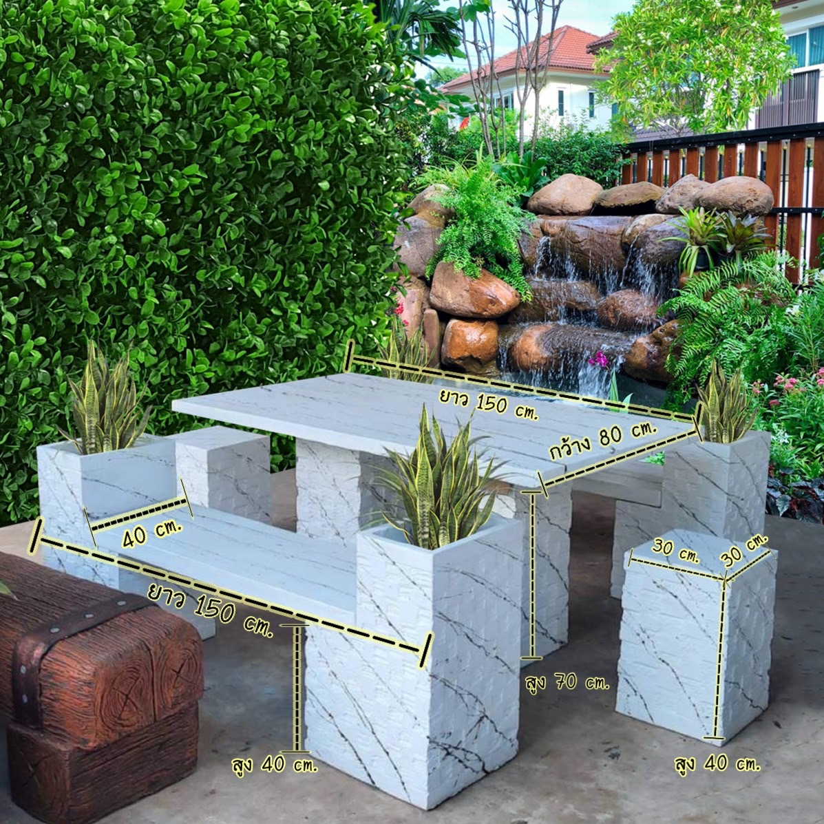 ชุดโต๊ะโมเดิร์น พร้อมเก้าอี้ ชุด 6 เก้าอี้ตัวยาวมีช่องไว้ปลูกต้นไม้เล็กๆ ได้ 2 ด้าน หรือไว้เป็นที่เขี่ยบุหรี่ดีไซน์เก๋ แปลกใหม่