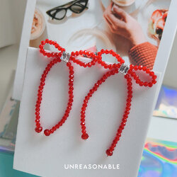 ต่างหูโบว์ สีแดง Red Glass Bead ต่างหูคลิป ต่างหูก้านเงินแท้ UA0925-04 Unreasonable Accessories