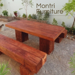 ชุดโต๊ะไม้หมอนรถไฟ ชุดโต๊ะปูนลายไม้ ขนาด 180*90 cm. รุ่น BigCat