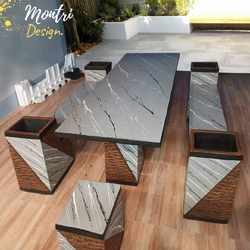 ชุดโต๊ะโมเดิร์น พร้อมเก้าอี้ ชุด 6 เก้าอี้ตัวยาวมีช่องไว้ปลูกต้นไม้เล็กๆ ได้ 2 ด้าน หรือไว้เป็นที่เขี่ยบุหรี่ดีไซน์เก๋ แปลกใหม่