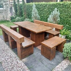 ชุดโต๊ะเก้าอี้พนักพิง ขนาด 180*80 cm. สีไม้ธรรมชาติ ชุดโต๊ะปูนลายไม้