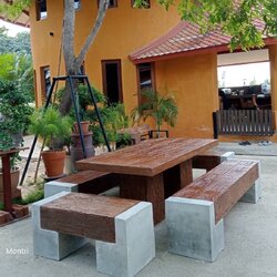 ชุดโต๊ะสนามไม้หมอน โต๊ะสนาม ชุดโต๊ะไม้หมอน โต๊ะสนาม ชุดโต๊ะสนามปูนลายไม้ ฝีมือคนไทย ขนาด 180*90 cm. งานแข็งแรงทนทานไม่เปราะบางอย่างแน่นอน