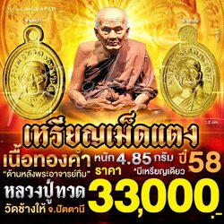 เหรียญเม็ดแตงเนื้อทองคำ หลวงปู่ทวด ปี 58 วัดช้างให้ จ.ปัตตานี