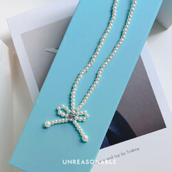 สร้อยคอมุกแก้ว ขนาด 4 mm. จี้โบว์ Glass Pearl Necklace with Bow UA0936-01 Unreasonable Accessories