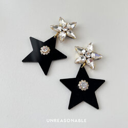 ต่างหูดาวสีดำ ต่างหูคลิป ต่างหูก้านเงินแท้ น้ำหนักเบา UA0952-01 Unreasonable Accessories