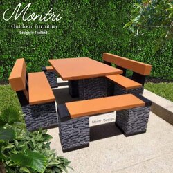 ชุดโต๊ะพนักพิง ชุดโต๊ะสนามพนักพิงสไตล์โมเดิร์น โต๊ะปูนสไตล์โมเดิร์น โต๊ะปูนโมเดิร์น สินค้าทำจากปูนเสริมโครงเหล็ก แข็งแรงทนทาน