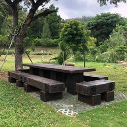 โต๊ะสนามกลางแจ้ง โต๊ะไม้หมอนรถไฟ ขนาด 3.6 เมตร นั่งได้ 18-20 ท่าน ทนแตด ทนฝน ใช้งานได้ในระยะยาว