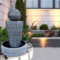 น้ำล้นลูกบอลทรงกลม ฐานตั้งเป็นทรงกรวย ขนาด สูง 93 cm. กว้าง 63 cm. น้ำพูเสริมฮวงจุ้ย