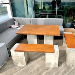 ชุดโต๊ะโมเดิร์น โต๊ะปูนสนาม ชุด 4 ที่นั่ง พาดยาว ขาลอฟท์ แผ่นปัดสีดิน โต๊ะสนาม