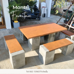 ชุดโต๊ะสนามปูนสไตล์โมเดิร์น โต๊ะปูนสนาม ชุด 8 ที่นั่ง พาดยาว สีแผ่นสีอิฐ-ขาสีปูนเปลือย