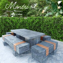 ชุดโต๊ะหมอนรถไฟไม้ โต๊ะหมอนไม้เทียม รุ่น Kerry19 ขนาด 180x90 cm. สีไม้เทา-คาดทอง