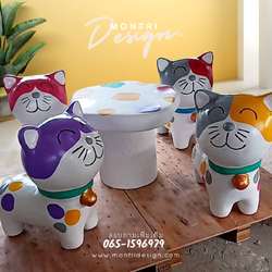 ชุดโต๊ะปูนรูปน้องแมว สุดน่ารัก โต๊ะเก้าอี้รูปน้องแมว โต๊ะเก้าอี้ปูนปั้นรูปน้องแมว ม้านั่งสนามในสวน