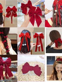 กิ๊บติดผม โบสีแดง งานกำมะหยี่และริบบิ้น สินค้าตรุษจีน คริสต์มาส พร้อมส่ง