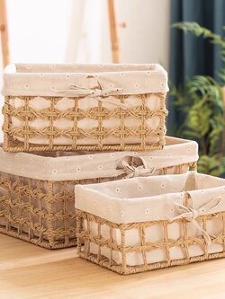 [พร้อมส่ง] Jnihouse : ตะกร้าสาน พร้อมผ้าลายลินินลายดอกไม้ (มีให้เลือก 3 ขนาด) กล่องใส่ของ ตะกร้าใส่ของ