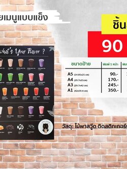 ป้ายเมนูแบบแข็ง วัสดุ ไม้พาสวู๊ด ติดสติ๊กเกอร์พิมพ์ยูวี