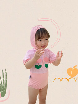 ชุดว่ายน้ำเด็กหญิงแขนสั้น วันพีซ พร้อมหมวก กันแดด กันยูวี พร้อมส่ง ลายดอกไม้ สีพาสเทล