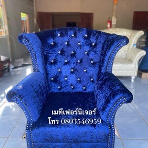 โซฟาเจ้าหญิงแบบ 1 ที่นั่ง สไตล์วินเทจ ผ้ากำมะหยี่สีน้ำเงินเข้ม