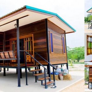 บ้านไม้น็อคดาวน์ ใต้พื้นสูง 1 ห้องนอน 1 ห้องน้ำ พร้อมระเบียงนั่งเล่น