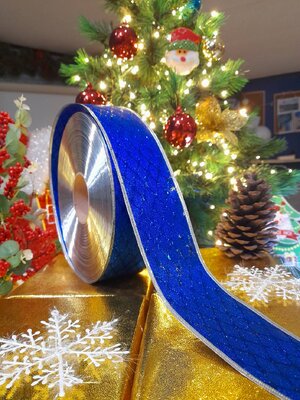 โบว์ริบบิ้นสีนํ้าเงินกากเพชร8cm.