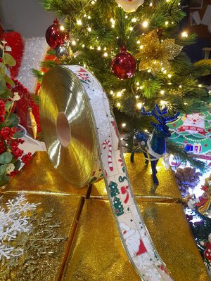 โบว์ริบบิ้นสีเงินลายคริสต์มาสขนาด1นิ้วครึ่ง
