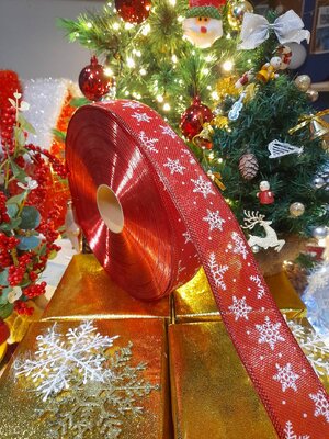 โบว์ริบบิ้นสีแดงลายคริสต์มาสขนาด5cm.