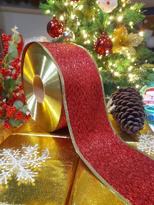 โบว์ริบบิ้นสีแดงกากเพชร10cm./เมตร