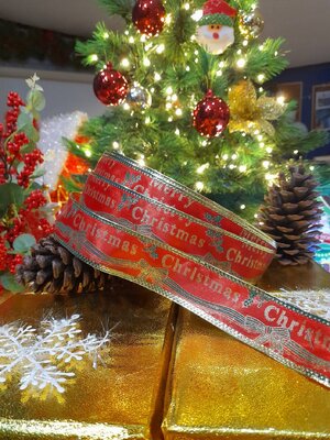 โบว์ริบบิ้นสีแดงลายmerrychristmas1นิ้วครึ่ง