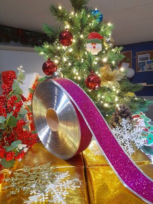 โบว์ริบบิ้นสีชมพูกากเพชร5cm