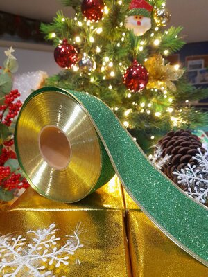 โบว์ริบบิ้นสีเขียวกากเพชร6+1/2