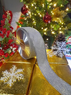 โบว์ริบบิ้นสีเงินกากเพชรขนาด5cm.