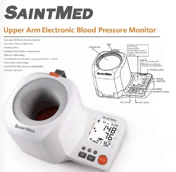 เครื่องวัดความดันโลหิตอัตโนมัติแบบสอดแขน SAINTMED รับประกันคุณภาพตัวเครื่อง 1ปี เป็นเครื่องวัดความดันโลหิตอัตโนมัติโดยไม่ต้องพันผ้ารัดแขน (Cuff) มีช่องสอดแขนขนาด 28 – 42 เซนติเมตร ใช้วิธีการวัดแบบ Oscillometric Measurement เป็นการตรวจจับการสั่นสะเทือนหรือ เครื่องวัดความดันโลหิตอัตโนมัติแบบสอดแขน SAINTMED รับประกันคุณภาพตัวเครื่อง 1ปี เป็นเครื่องวัดความดันโลหิตอัตโนมัติโดยไม่ต้องพันผ้ารัดแขน (Cuff) มีช่องสอดแขนขนาด 28 – 42 เซนติเมตร ใช้วิธีการวัดแบบ Oscillometric Measurement เป็นการตรวจจับการสั่นสะเทือนหรือ