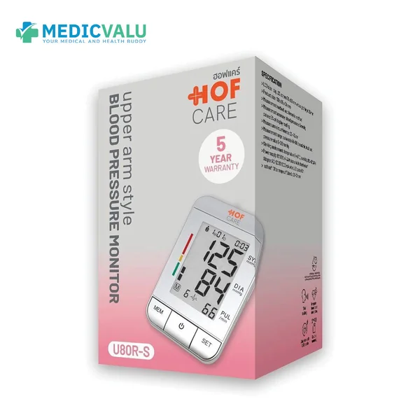 เครื่องวัดความดันโลหิตที่ต้นแขน HOFCARE รุ่น U80R-S มีเสียงพูดภาษาไทย มีจอแสดงผล LCD มีสัญลักษณ์แจ้งเตือนเมื่อตรวจพบหัวใจเต้นผิดปกติ มีผ้าพันแขนยาว 22 - 42 เซนติเมตร รับประกันศูนย์ไทย 5 ปี