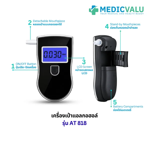 เครื่องเป่าแอลกอฮอล์ AT 818 ใช้งานได้ 2 ระบบ หลอดเป่า/ไม่ใช้หลอดเป่า ระบบเซมิคอนดักเตอร์ออกไซด์ เซ็นเซอร์แอลกอฮอล์ขั้นสูง แถมหลอดเป่า 20 หลอด รับประกันศูนย์ไทย 6 เดือน image 2