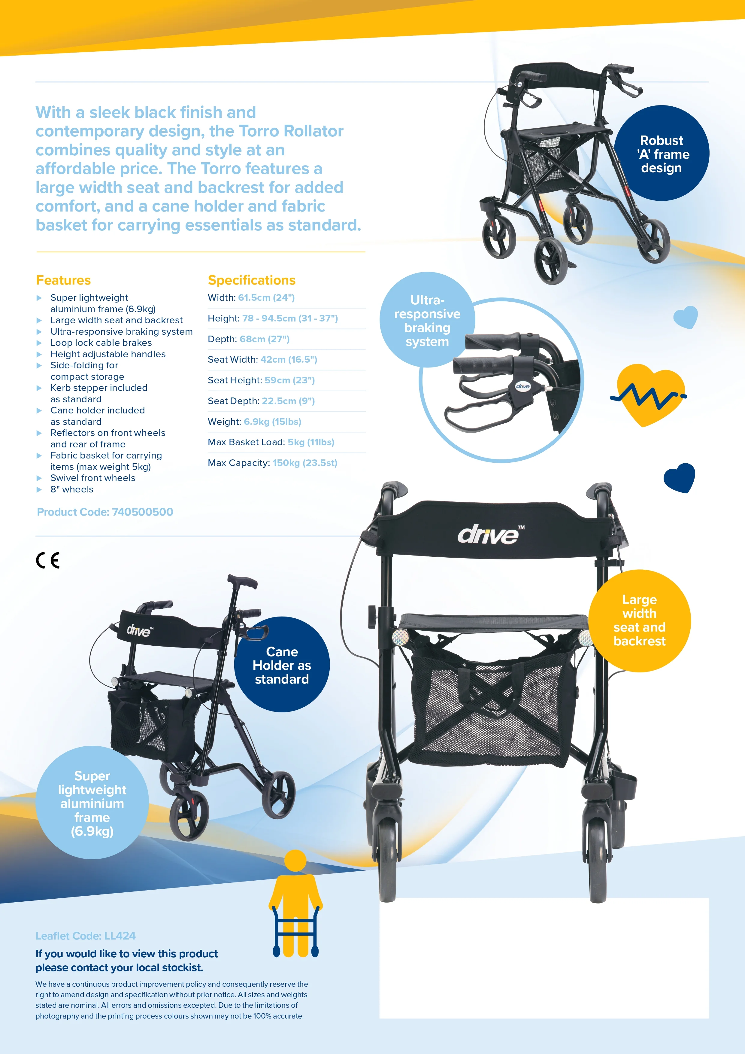 Torro Rollator แบรนด์ Drive Medical (Debilbiss) วอล์คเกอร์ 4 ล้อ อุปกรณ์ช่วยพยุงเดิน อุปกรณ์ฝึกเดิน